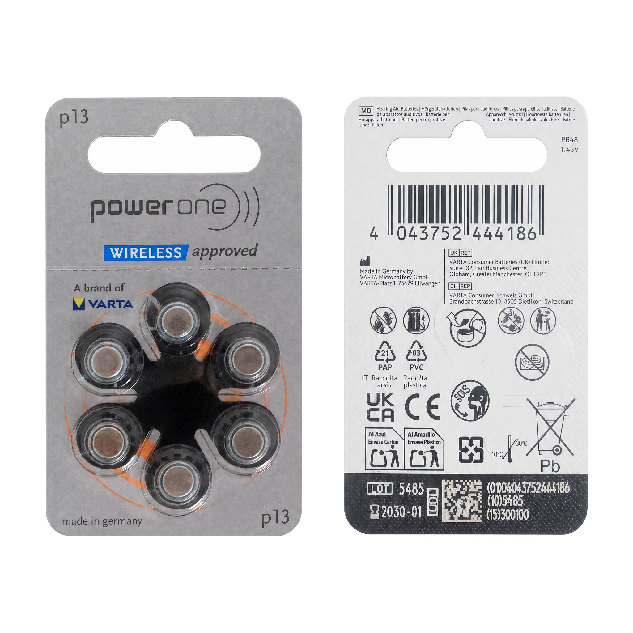 New Powerone 1.45v Button Cell Zinc Air Hearing Aid & Headphone Battery 10 13 312 675 Made in China 60 Cells/Box