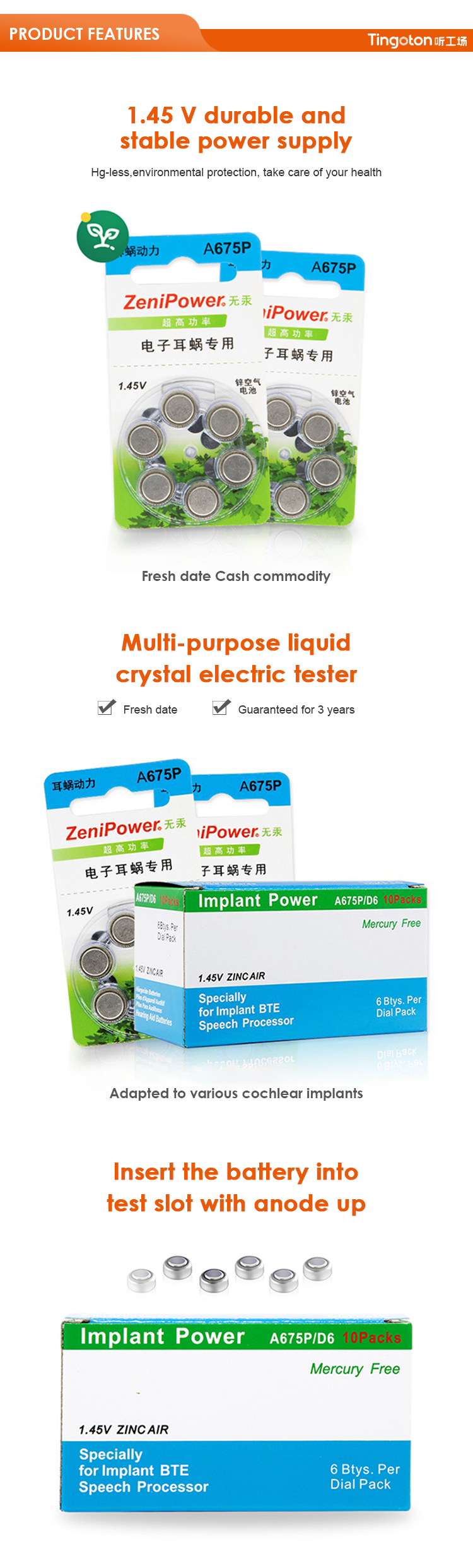 High-Performance ZeniPower A675P Button Battery Cochlear Implant Compatible Ear & Hearing Product Other Batteries product detail