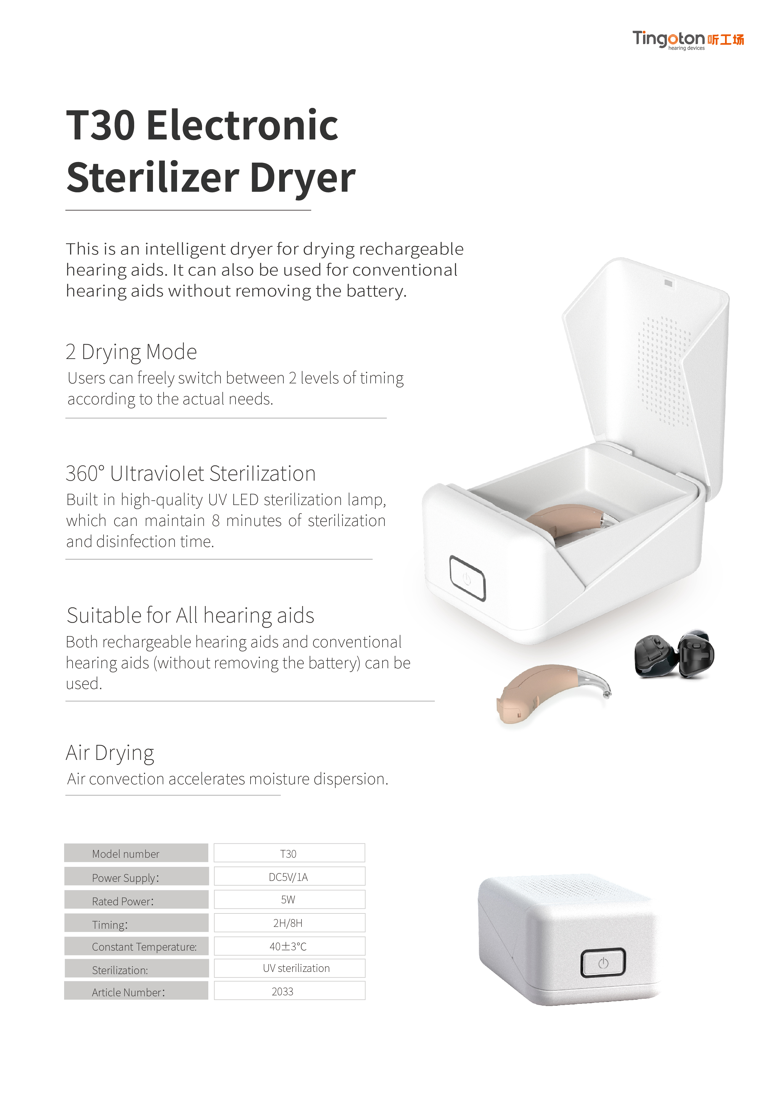 Hot Sale Tingoton Digital Hearing Aid Electronic Drying Box ABS Material Quick Dry 403 2H/8H BTE CIC ITC RIE Cochlea product detail