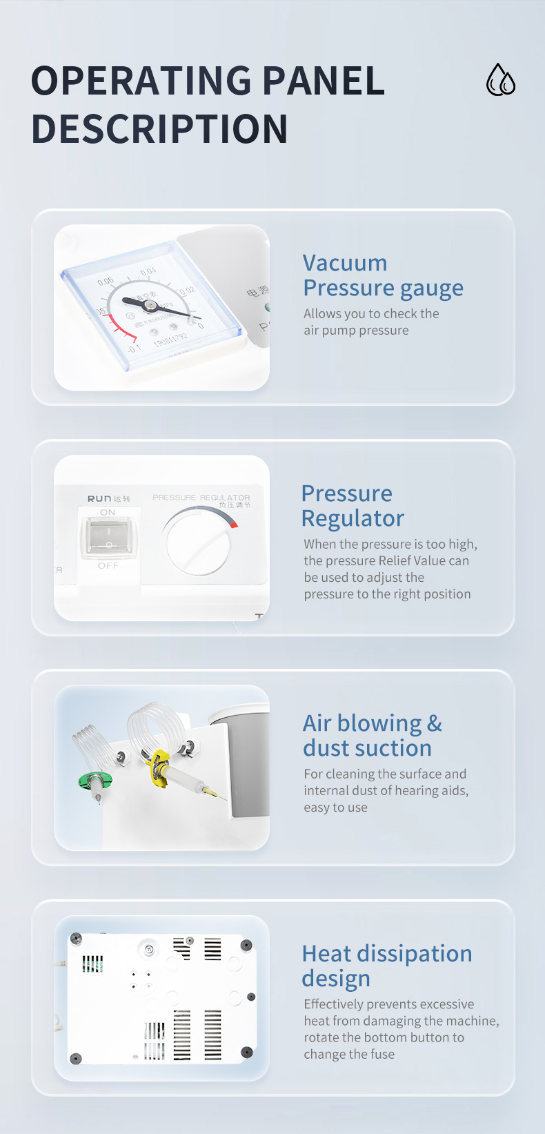 Hearing Aid Vacuum Pump Dryer Cleaner Silent Version Front/Back <40db Noise CE/RoSH Certified product detail