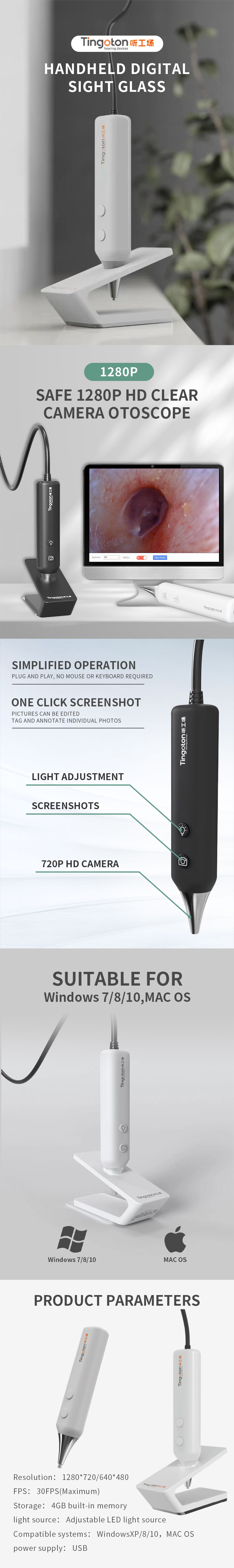 Tingoton Design Digital Ear Otoscope Camera with USB Adjustable LED Light Source 30FPS Black White Color MJPG Easy to Operate product detail