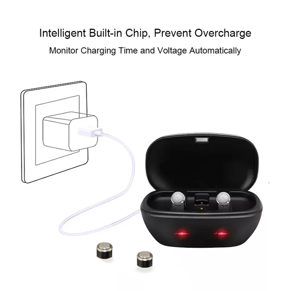 2025 New Product Portable Black Rechargeable Hearing Aid Battery Charger with Batteries product detail