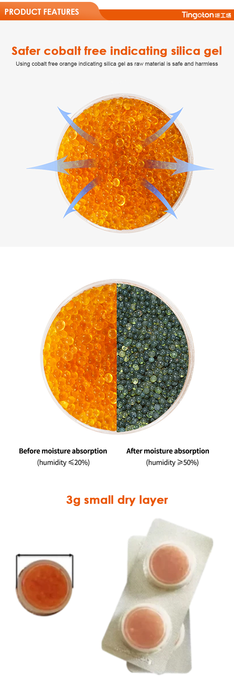 Tingoton Orange Small Drying Pellets Silicon Dioxide Hearing Aid Dehumidifier Drying Capsules 3g Quick Dry Eco-Friendly product detail