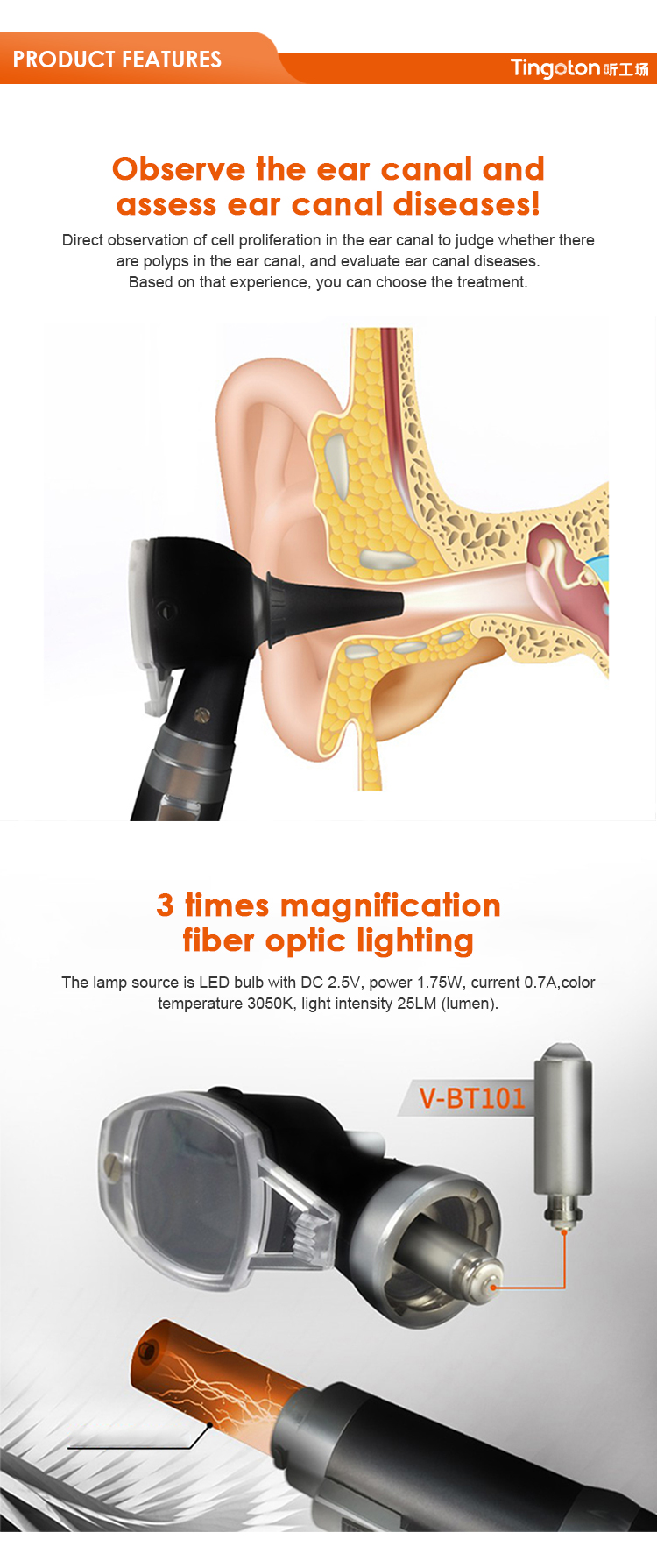 Small Optical Fiber Conduction Simple Otoscope Removable Battery Metal Plastic Construction Black for Ear Mouth Eye Examination product detail